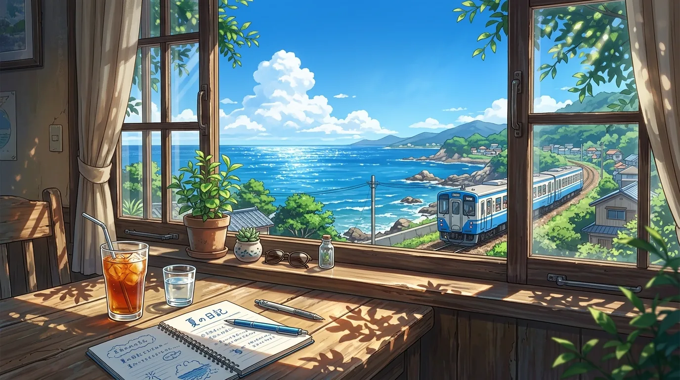 Anime seaside window — AI generated illustration
